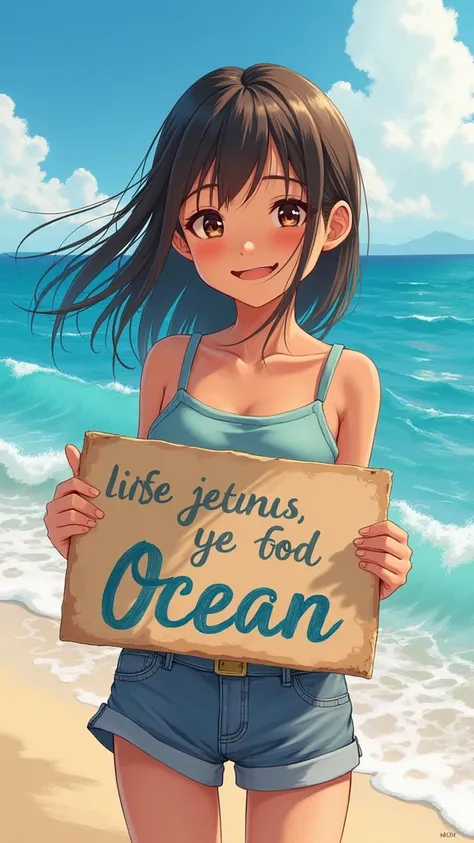 A beautiful and lovely girl holding the sign "I Love the Ocean", happy, joyful, illustrated in anime, realism, oil painting