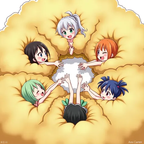 An anime-style illustration depicting six girls  playfully wrestling with each other inside a gold comical fight cloud (chainese cloud).
each girl has different  colored hair: one with silver hair braided,another  with orenge short hair,another with blue p...