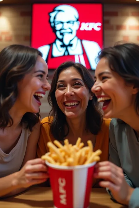 Three female friends holding a KFC family bucket，full-body shot，Everyone laughs happily，At KFC restaurant，KFC sign in the background