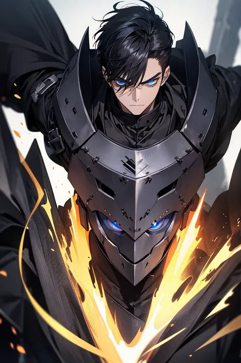 Masterpiece, High quality, Portrait, anime style, man,manหนุ่ม 31 ปี, angry face, There are wounds.,  Anger, glowing eyes, ผู้manอนิเมะตัวสูงที่มีตาสีฟ้า, black short hair, ((blue eyes)),Quiff Hairstyles, ((short black hair)), [Thick eyebrows], Young Knigh...