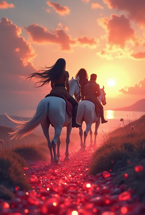 Three people riding a white horse ,a woman with very long hair ,a man with semi-long black hair and another man with curly hair ,The three of them heading towards the horizons passing a path surrounded by precious ruby stones