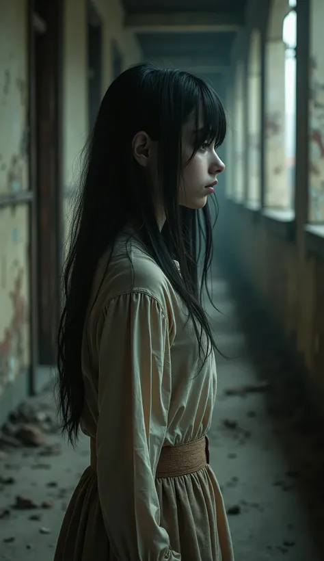 Depressed girl、Long black hair、Small Nose、Skinny body、Brown eyes、Thin lips、Real、Corridor of a dilapidated Western-style building、dark