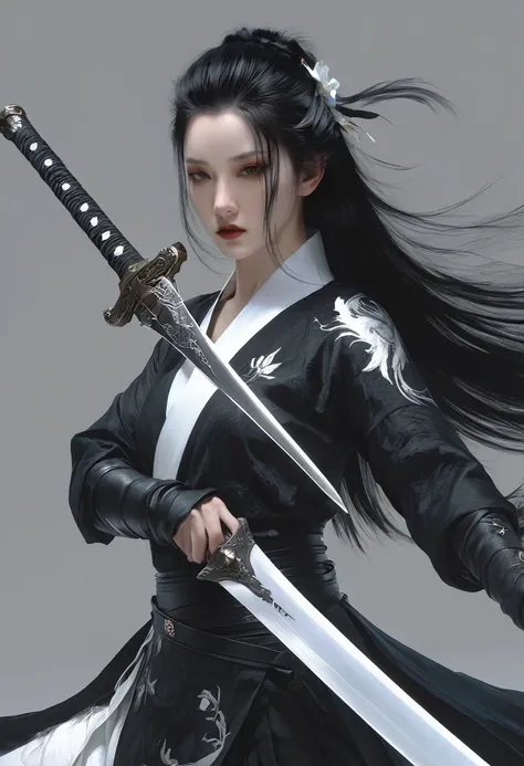 a woman with black hair and white skin, long sword，artwork in the style of gu weiss, gu weiss, the style of wlop, ross tran and ...