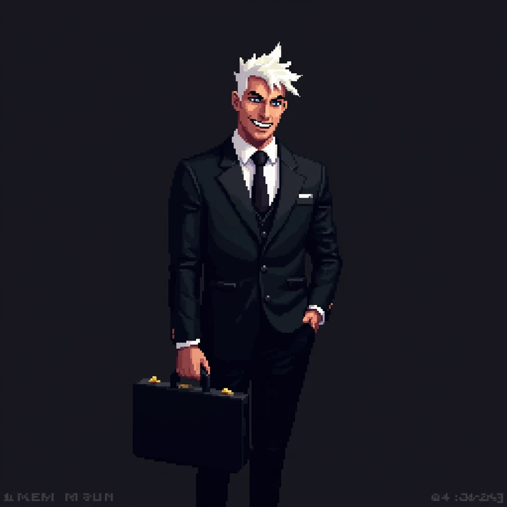 (masterpiece, top quality, best quality), pixel,(pixel art:1.2),1man in a black straight suit, hair covering eyes, grinning, handsome,white and black hair,black boots, wearing a neck tie, holding a briefcase,side view,close up