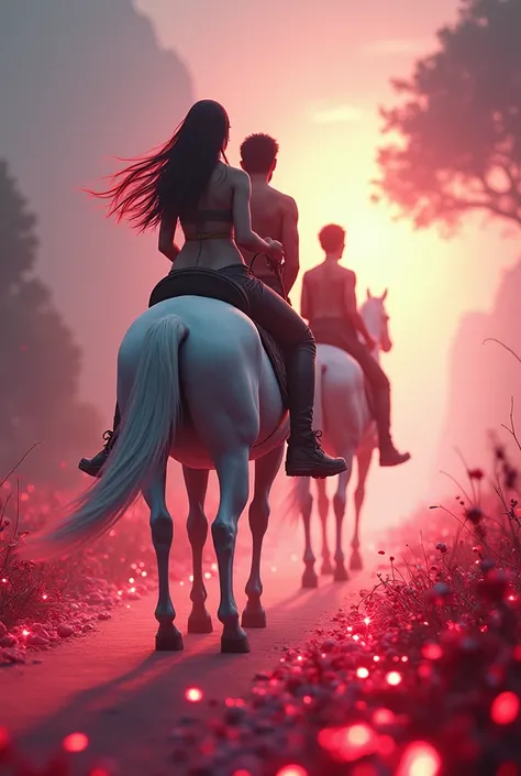 Three people riding a white horse ,a woman with very long hair ,a man with semi-long black hair  ,another man with short curly hair ,The three of them heading towards the horizons passing a path surrounded by precious ruby stones