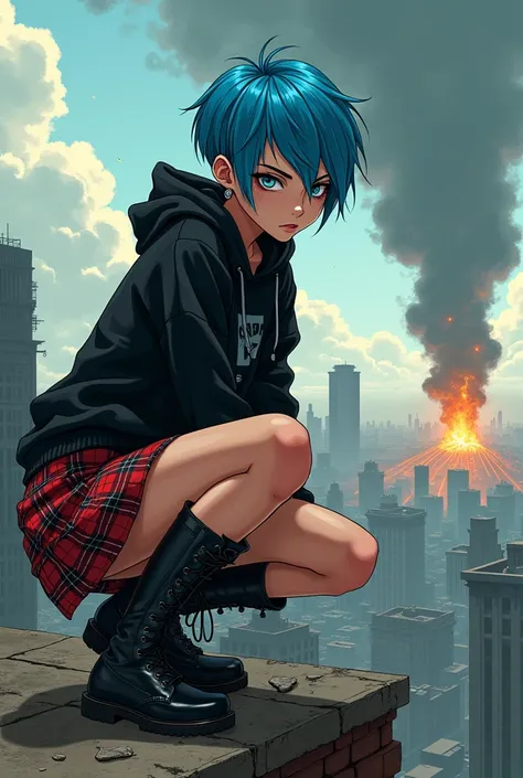 (Perfect Masterpiece:1.2), (best quality, 4k, 8k, highres, masterpiece), A punk-goth tomboy, with bright blue hair, pixie cut hairstyle, fierce gray eyes, wearing a distressed black hoodie, plaid skirt, combat boots, perched on a rooftop, overlooking a dys...