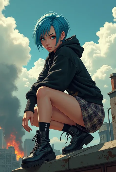 (Perfect Masterpiece:1.2), (best quality, 4k, 8k, highres, masterpiece), A punk-goth tomboy, with bright blue hair, pixie cut hairstyle, fierce gray eyes, wearing a distressed black hoodie, plaid skirt, combat boots, perched on a rooftop, overlooking a dys...