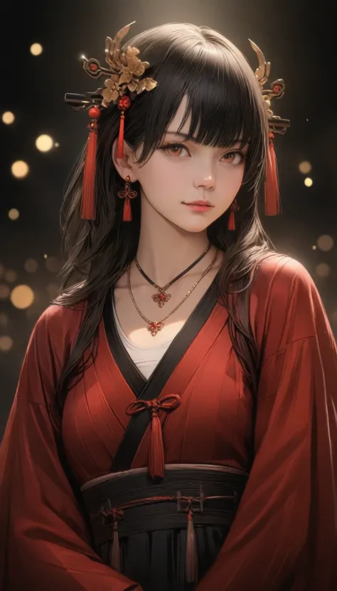 最high quality, masterpiece, High resolution, One person, Chinese Hanfu,Chinese Architect Background, Red scarf, hair ornaments,necklace, jewelry,Beautiful Face,On top of that_body, Tyndall effect,Realistic, Dark studio, Rim Light, Two-tone lighting,(Skin w...