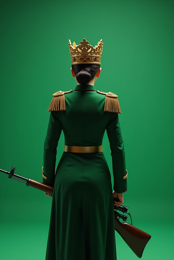  Rear viewed, full viewed female, A green uniforms military governor general standing with holding on big gun. Queens crown on head and dress. Plain full green screen background