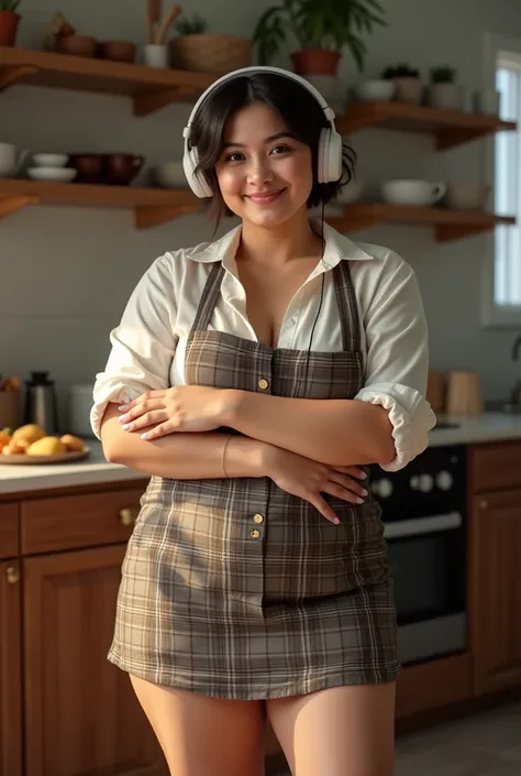 ((Highest quality)), ((masterpiece)), (detailed), One person, sexy、A masterpiece of idol cuteness! An active housewife, only 30 years old, stands in her kitchen cooking in headphones and an apron. Dynamic lighting frames her round face, highlighting her na...