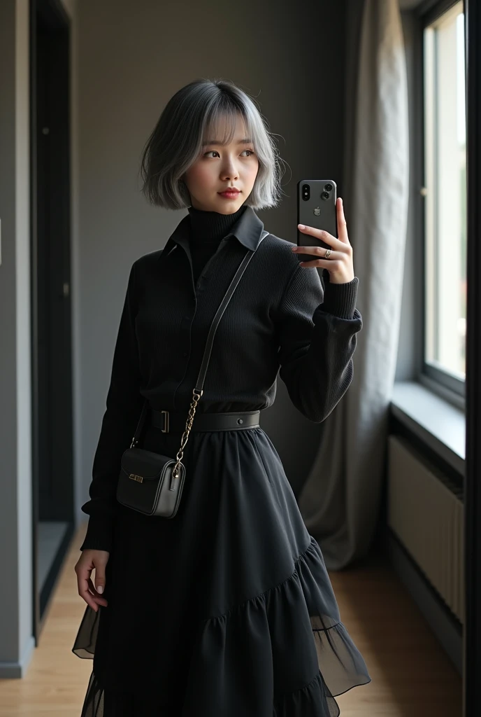 highly detailed, beautiful, hyper Realistic girl, masterpiece, best quality, Japanese sexy fashion model, 28 years old, identity hidden, takes a selfie in her room using a smartphone in front of a mirror with one hand, fashion model Posing, looking away fr...