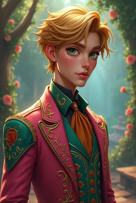 Imagem do filho da Briar Beauty e da Ashlynn Ella de Ever After High: a sexy teenage boy with golden hair, light brown skin with freckles, greeneyes, dark pink outfit with aqua green and pumpkin and rose elements on the outfit 