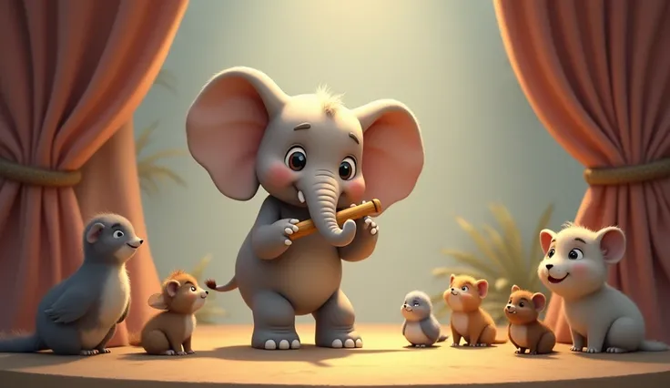 A gentle elephant named Ellie standing on stage, holding a flute with her trunk, playing a soft melody. The other animals are listening intently, some with their eyes closed, enjoying the music.