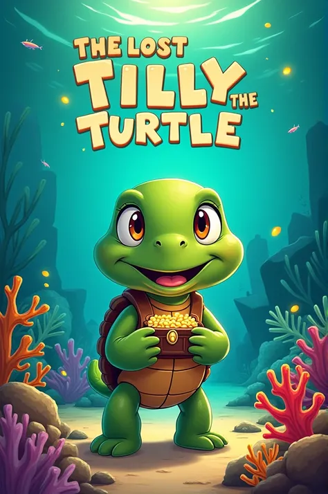 Create a eye-catching  YouTube thumbnail on " The Lost Treasure of Tilly the Turtle" in cartoon style 