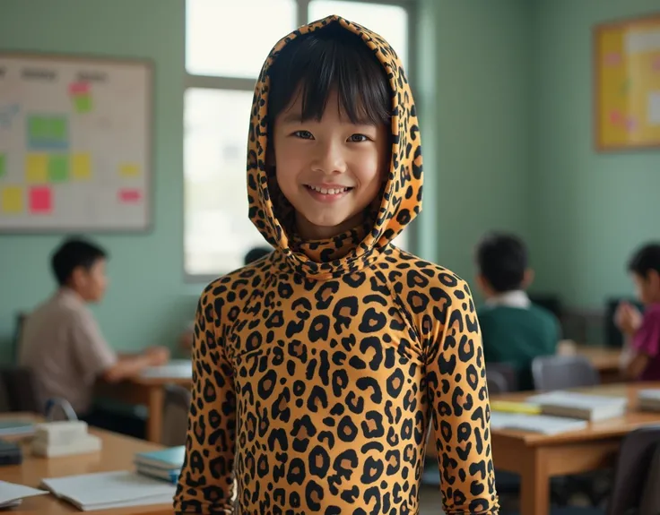 A taiwan boy  wear leopard print lycra turtleneck unitard catsuit covered with spots and stripes.He always wear leopard print lycra dancewear hijab-likehood.He is from school