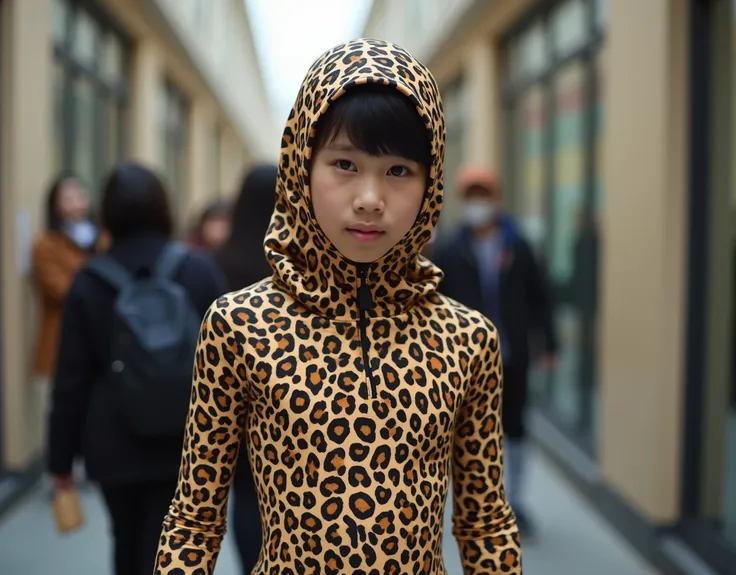 A taiwan boy  wear leopard print lycra turtleneck unitard catsuit covered with spots and stripes.He always wear leopard print lycra dancewear hijab-likehood.He is from school