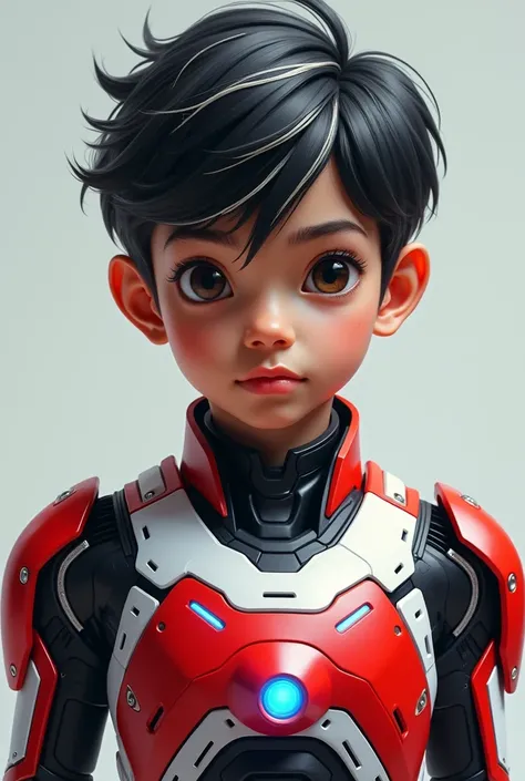 detailed portrait of a young malay indonesian boy, 19 years old. Have body portrait, with wavy black hair and some white highlights, tan skin, wearing a red and white exoskeleton robot suit with a robot face on the body, blue LED lights on the nipple area....