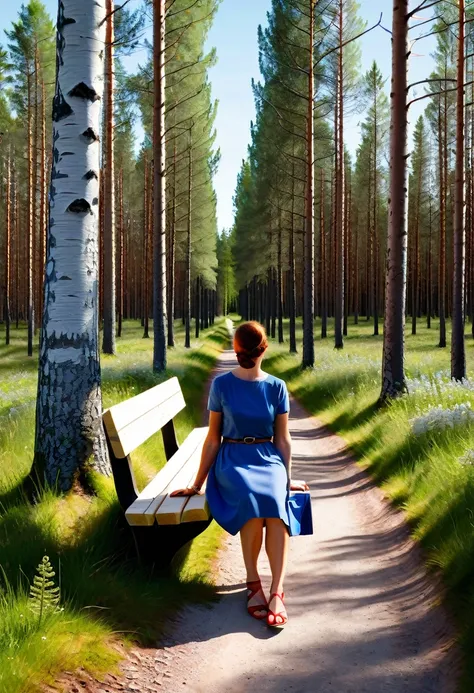 Photo réaliste complète de femme finlandaise peau blanche, 42 ans. naturelle. chemin dans bois finlande. un banc au bord du chemin. assise sur le banc jambes décroisées et ouvertes. arbres finlandais autour. ete. brune. regarde lobjectif. position vulgaire...