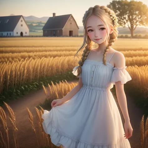 1 Girl, 20 years old, Tall，Glamorous, Wear a cute country dress, Hair braiding, Standing in a rustic farm setting. She has a soft, gentle smile and expressive eyes. Charming barn in the background, Golden wheat fields and clear blue sky. The composition sh...