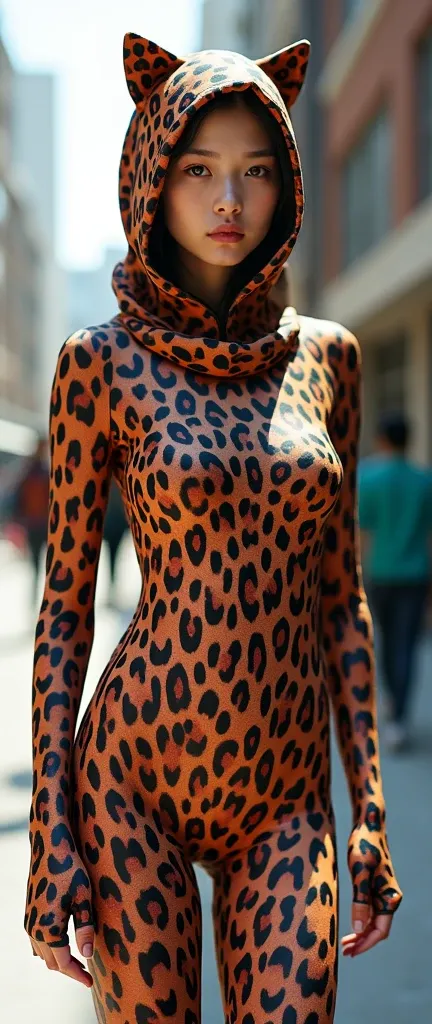 A taiwan girl wear leopard print lycra turtleneck unitard catsuit covered with spots and stripes.She always wear leopard print lycra dancewear hijab-likehood.She is from school