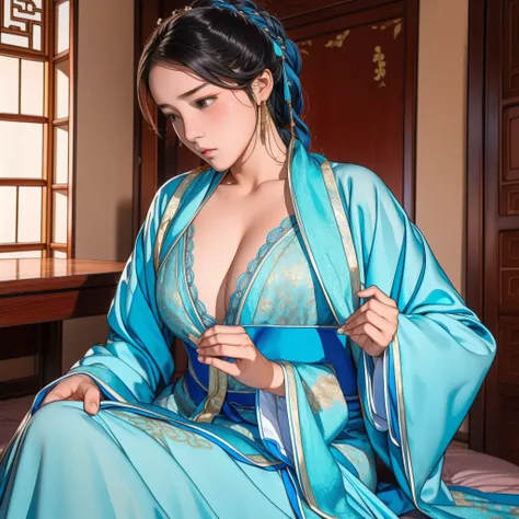  A very beautiful 15-year-old palace maid wearing a gorgeous ancient Chinese cyan Hanfu showing her cleavage and sewing clothes with a sad expression  