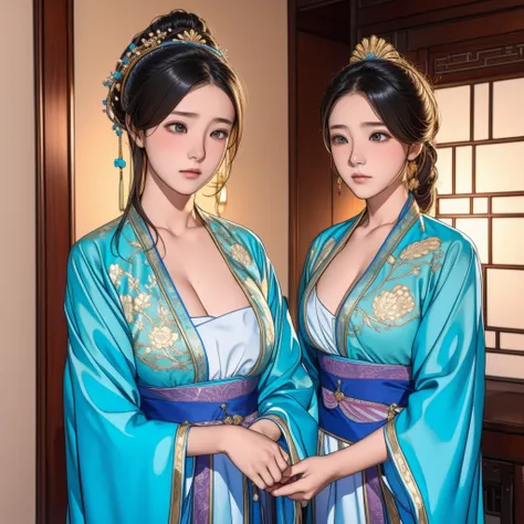  A very beautiful 15-year-old palace maid wearing a gorgeous ancient Chinese cyan Hanfu showing her cleavage and sewing clothes with a sad expression  