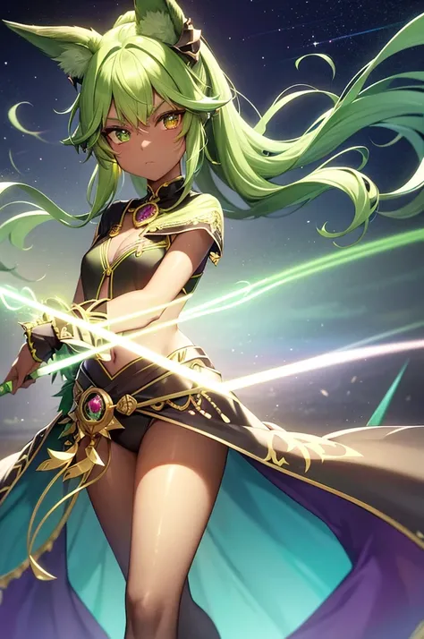 prismatic coloration, holographic environment, young girl, black skin, African-American, Beautiful, elven ears, wolf ears, Serious expression, ponytails, leaf green hair, Heterochromia with deep green & Gold eyes, C-cup, lithe, fit, Modest-attire, full-bod...