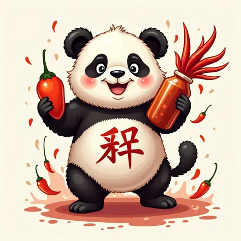 Design a logo，The main theme is a cute panda holding a large sauce jar filled with chili peppers.，The panda holds a bunch of peppers in its hand to form the Chinese character &quot;川&quot; (Chuan)，The Sichuan-style &quot;Sichuan&quot; is used above the wor...