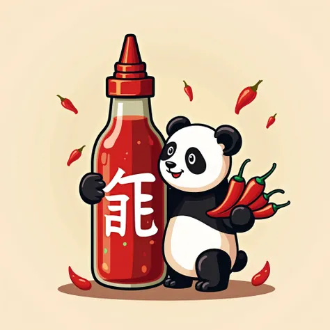 Design a logo，The main theme is a cute panda holding a large sauce jar filled with chili peppers.，The panda holds a bunch of peppers in its hand to form the Chinese character &quot;川&quot; (Chuan)，The Sichuan-style &quot;Sichuan&quot; is used above the wor...