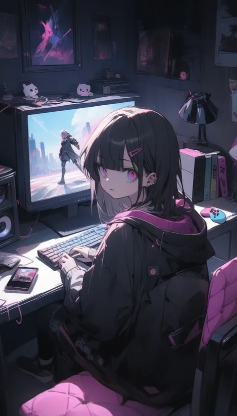 He is sitting on the bed in his room playing video games., Large-screen TV, Teen Room with books, cyber punk, Inspired by Liam Wong, At night, Dark Room, Lo-fi illustration style, Gamer Room, Study in your room, Cyril rolled around.W Karuta, Teen Room.  