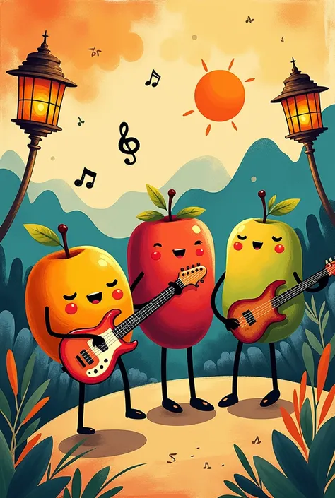 
There are three short-legged fat cute fruit cartoon characters playing music, Abstract Art，music poster, 🪔 🎨;🌞🌄, Poster,rock &#39;n&#39; roll, 80s style poster, Propaganda Art, Ink art brawlstars