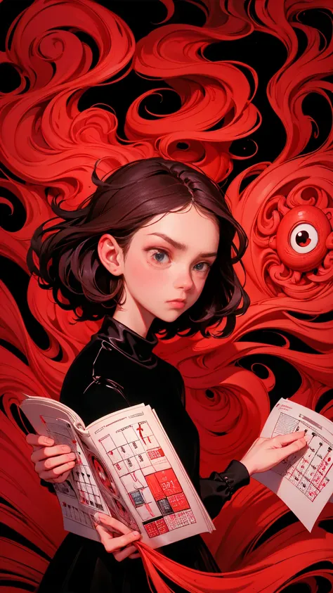 a girl checking a calendar as she is waiting for a payment, daily deviation on deviantart, Exasperation, Raised eyebrows, an exaggerated sigh, and a look of disbelief or annoyance, !!!! very coherent!!!!, jim woodring, by Denis Eden, background in red them...