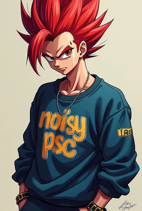 Vegueta dressed as a rapper with red hair and a sweatshirt that says NoisyPSC