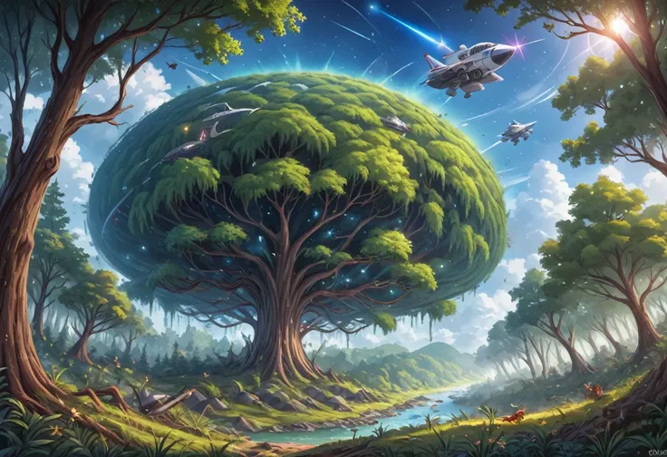 a lush forest of tall trees, an Ewok village nestled among the branches, a twilight sky with the Death Star exploding in the distance, a fleet of spaceships engaged in a fierce battle, Ewoks looking up to the sky and cheering, a serene and joyful scene
