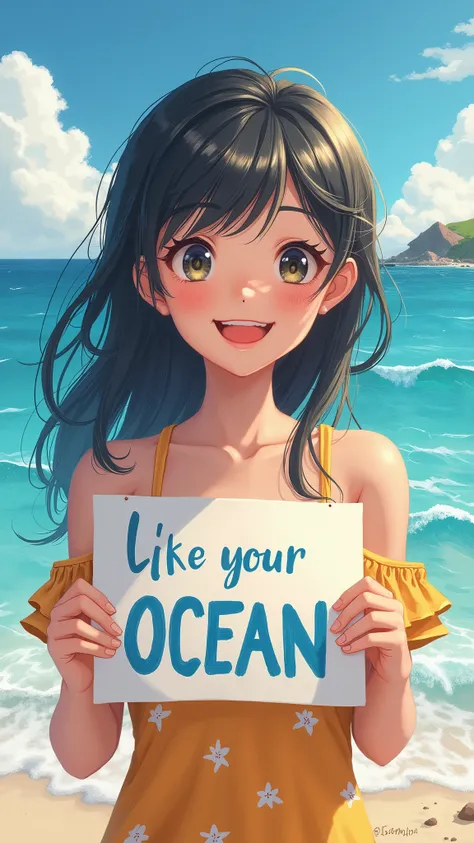 A beautiful and lovely girl holding the sign "I Love the Ocean", happy, joyful, illustrated in anime, realism, oil painting