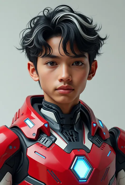 detailed portrait of a young malay indonesian boy, 19 years old. Have body portrait, with wavy black hair and some white highlights, tan skin, wearing a red and white exoskeleton robot suit with a robot face on the body, blue LED lights on the nipple area....