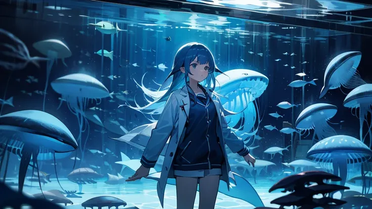 one girl, dark blue color scheme, sea theme, jellyfish, shark, lab coat, night, scientist, aquarium 