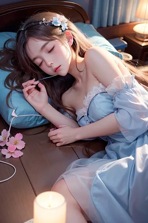 Lights out。Are sleeping。Sleeping with eyes closed。Beautiful young woman listening to music through headphones while lying down、Moonlight。Little Anime。Pink and light blue flowers are scattered throughout。Enchanting rooms。relax。Dark beautiful room。Woman with...