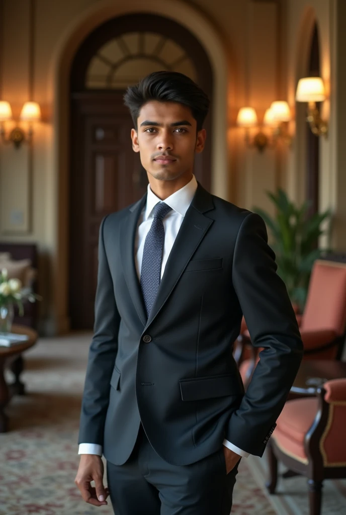 18 year old Indian boy handsome wearing formals posing for Nadeem beautiful home in background