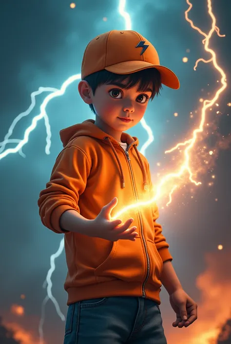 a young boy Malaysia Indonesia . wearing an orange zip-up shirt, orange cap with small thunder logo, detailed face, cinematic lighting, dramatic atmosphere, vibrant colors, 8k, high quality, photorealistic. Hero suit. Thunder come from his hand. Glowing th...