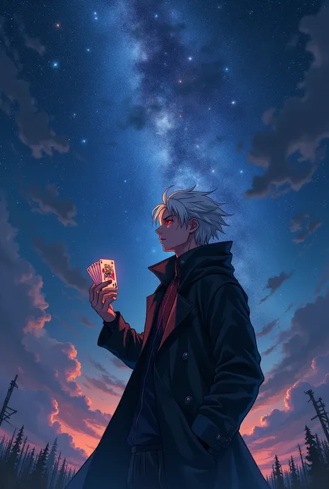 A man with white hair and red eyes wearing a black windbreaker looking up at the starry night sky，Playing with a stack of playing cards，Anime style，Highly detailed，Film Lighting，dramatic，（Best quality，4K，8k，high resolution，masterpiece：1.25），Ultra Detailed，...