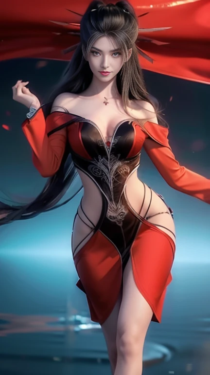 ((whole body)), 1 girl, Long hair, Red costume, Black Hair, long legs, Slender eyes, Fascinating eyes, （Chinese Goddess1.2）, Three long thin red hairpins, Elongated eyebrows, Tall and skinny, （transparent long sleeves）, Dance, Ribbon, （Very intricate detai...