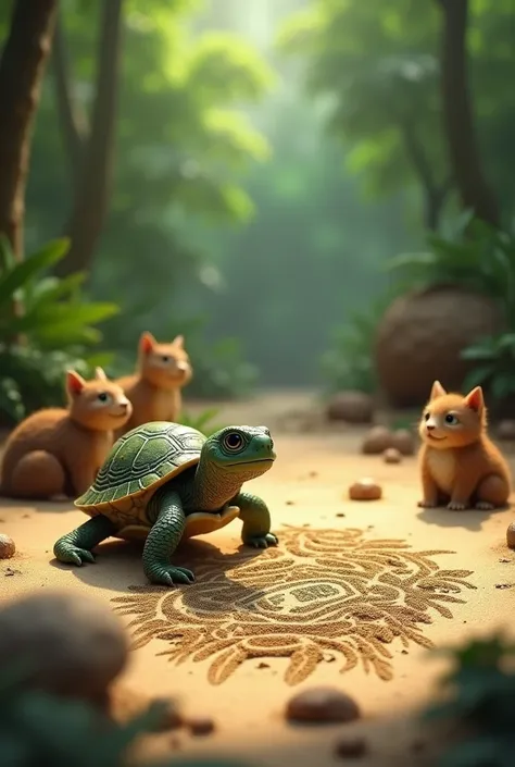 Tiny the turtle using his small feet to draw a detailed picture of the jungle in the sand. The drawing is intricate and beautiful, capturing the essence of the jungle. The other animals are watching in quiet admiration