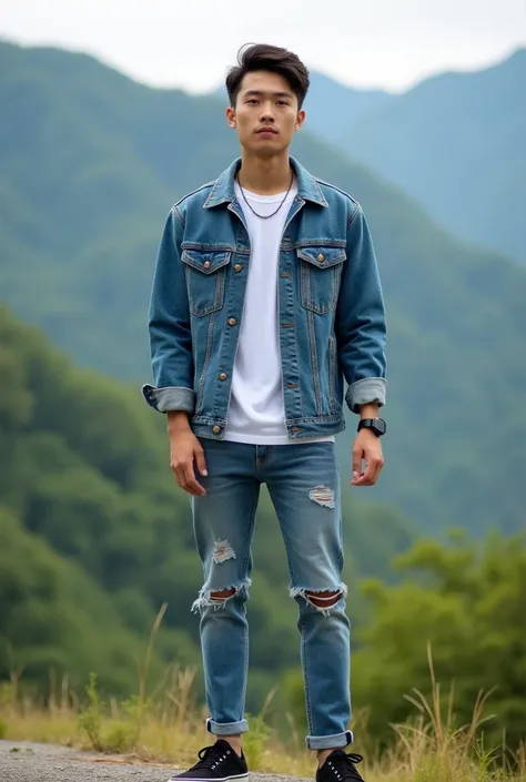 An image of a 28-year-old Asian man weighing (55kg)), tall ((175)) standing on the ground outdoors, against a green mountain background, dressed in a contemporary style wearing a denim jacket, blue ripped jeans, and black Vans sneakers, wearing an iPhone s...