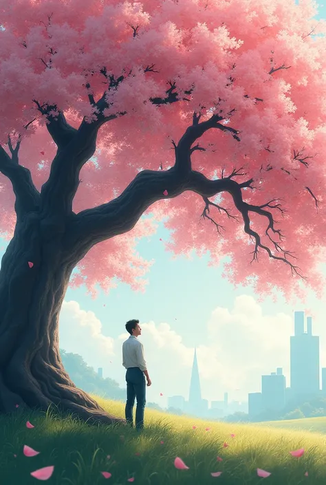 Under the big cherry tree，A man is waiting for someone
