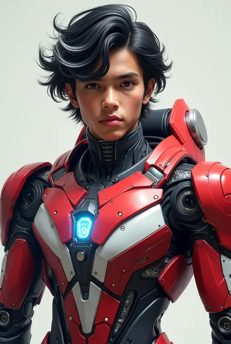 detailed portrait of a young malay indonesian boy, 19 years old. Have body portrait, with wavy black hair and some white highlights, tan skin, wearing a red and white exoskeleton robot suit with a robot face on the body, blue LED lights on the nipple area....