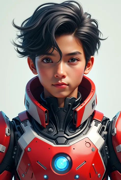 detailed portrait of a young malay indonesian boy, 19 years old. Have body portrait, with wavy black hair and some white highlights, tan skin, wearing a red and white exoskeleton robot suit with a robot face on the body, blue LED lights on the nipple area....