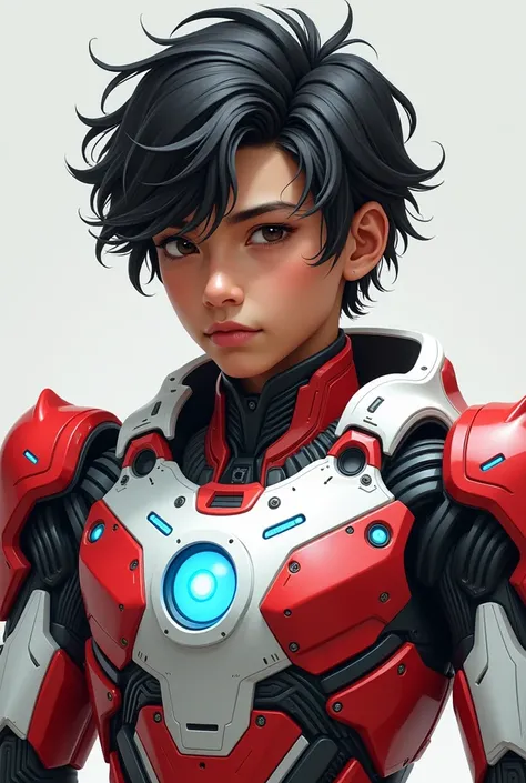 detailed portrait of a young malay indonesian boy, 19 years old. Have body portrait, with wavy black hair and some white highlights, tan skin, wearing a red and white exoskeleton robot suit with a robot face on the body, blue LED lights on the nipple area....