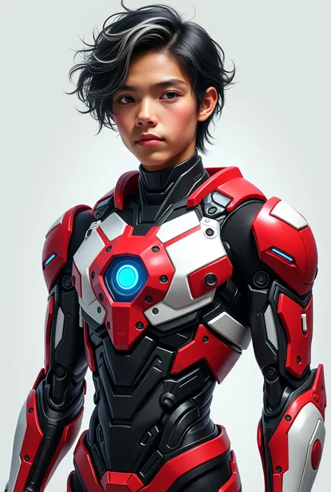 detailed portrait of a young malay indonesian boy, 19 years old. Have body portrait, with wavy black hair and some white highlights, tan skin, wearing a red and white exoskeleton robot suit with a robot face on the body, blue LED lights on the nipple area....