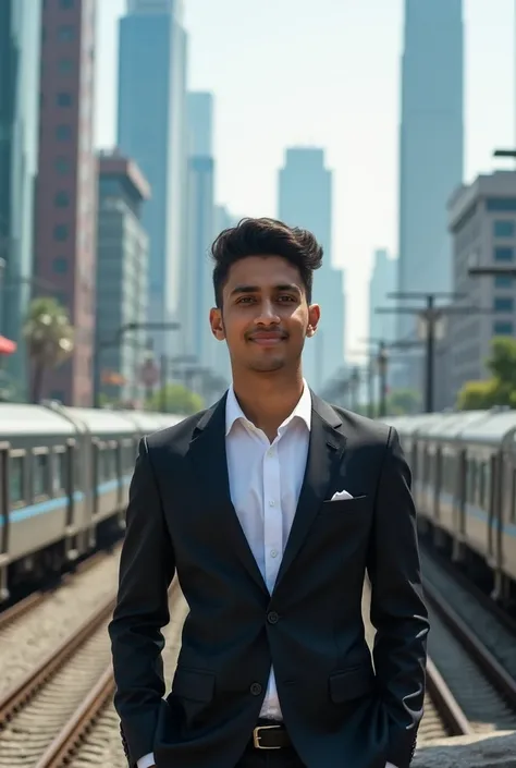 18 year old Indian boy handsome wearing formals posing for Nadeem beautiful metro in background